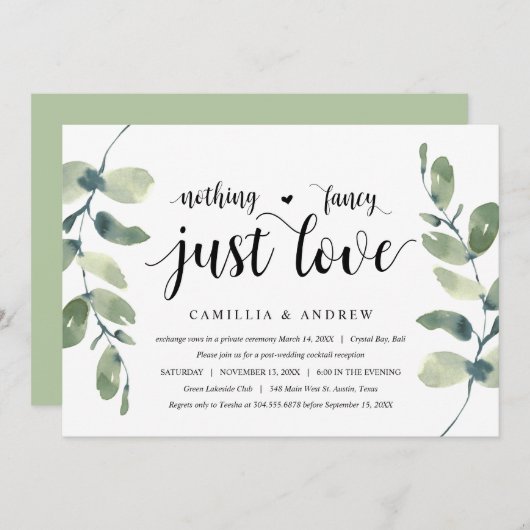 Invitation Feuillage Eucalyptus, Encre noire, Fuite de noces (Devant / Derrière)