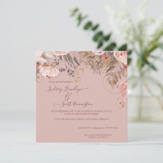 Invitation Feuillage floral bouché Rose or Boho Couples douch (Debout devant)