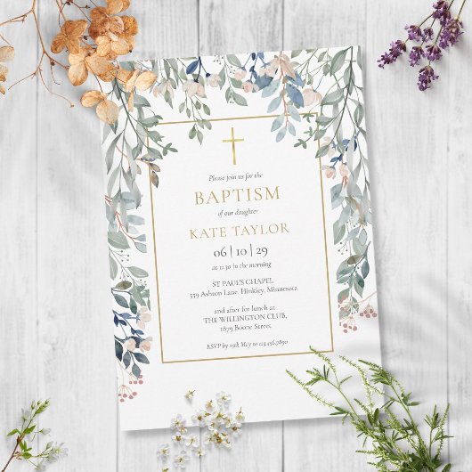 Invitation Feuillage floral Élégant Baptême d'or Christening