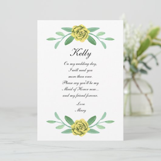 Invitation Feuillage Floral Jaune Foliage Maid Of Honor Card (Debout devant)