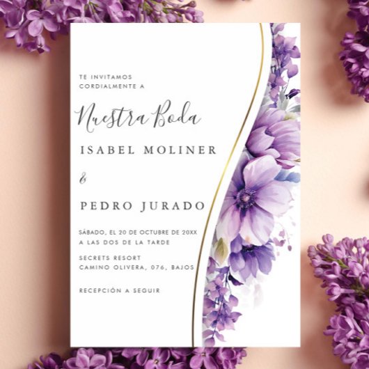 Invitation Feuillage floral pourpre Nuestra Boda Mariage espa