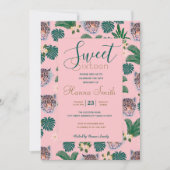 Invitation Feuillage floral rose tropicale et visages léopard (Devant)