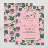 Invitation Feuillage floral rose tropicale et visages léopard (Devant / Derrière)