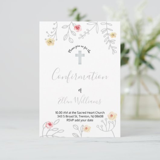Invitation feuillage gris et rose Confirmation (Debout devant)