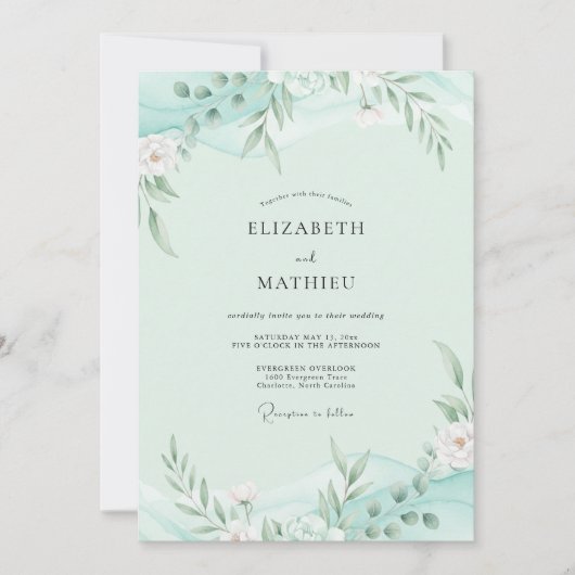 Invitation Feuillage Mousse de Mer Eucalyptus Gris Mariage (Devant)