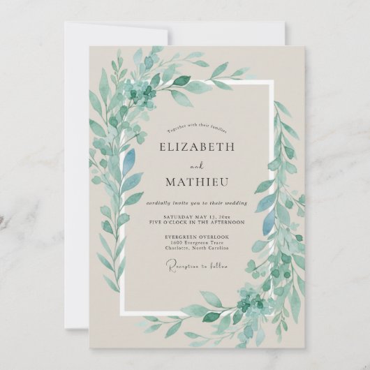 Invitation Feuillage Mousse de Mer Eucalyptus Mariage Élégant (Devant)