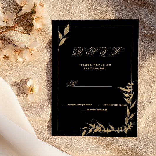 Invitation Feuillage noir et or de luxe RSVP