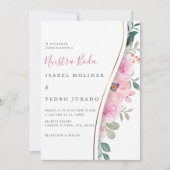 Invitation Feuillage rose Floral Nuestra Boda Mariage espagno (Devant)