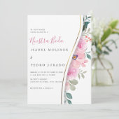 Invitation Feuillage rose Floral Nuestra Boda Mariage espagno (Debout devant)