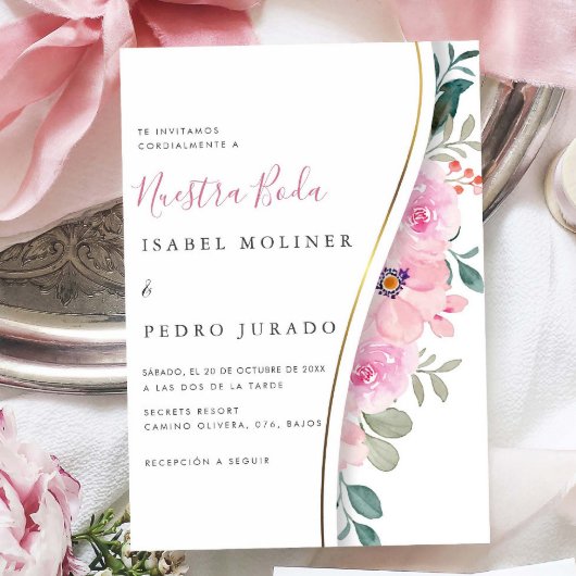 Invitation Feuillage rose Floral Nuestra Boda Mariage espagno