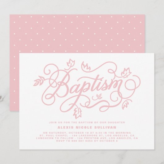 Invitation Feuillage rose rustique Lettres Baptême (Devant / Derrière)