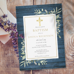 Invitation Feuillage rustique bleu croix dorée baptême baptêm