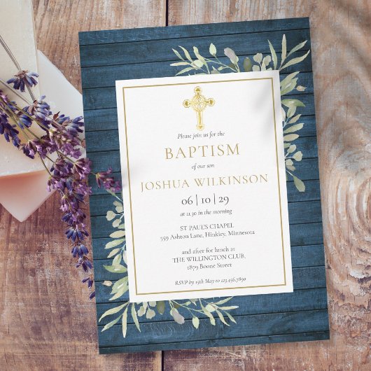 Invitation Feuillage rustique bleu croix dorée baptême baptêm