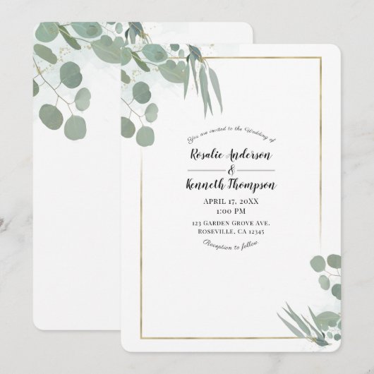 Invitation Feuillage rustique d'eucalyptus et mariage doré (Devant / Derrière)