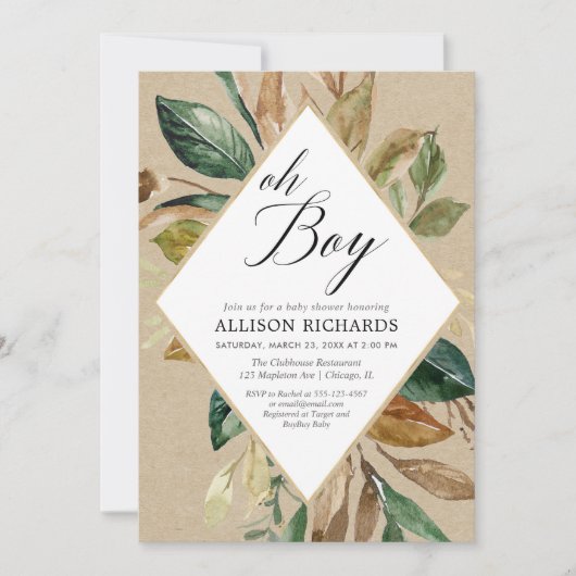 Invitation Feuillage rustique kraft vert garçon chute baby sh (Devant)