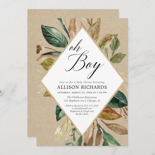 Invitation Feuillage rustique kraft vert garçon chute baby sh (Devant / Derrière)