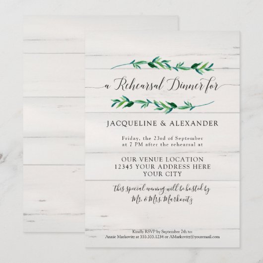 Invitation Feuillage rustique Verdure Aquarelle Bois blanc (Devant / Derrière)