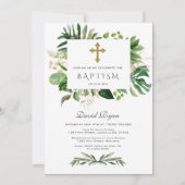 Invitation Feuillage Tropical Or Croix Boy Baptême (Devant)