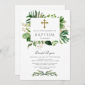 Invitation Feuillage Tropical Or Croix Boy Baptême (Devant / Derrière)
