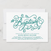 Invitation Feuillage Turquoise rustique Lettrage Baptême (Devant)