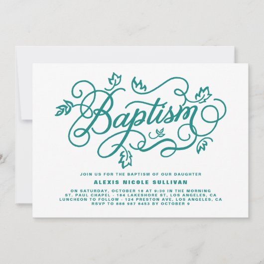 Invitation Feuillage Turquoise rustique Lettrage Baptême (Devant)