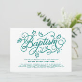 Invitation Feuillage Turquoise rustique Lettrage Baptême (Debout devant)