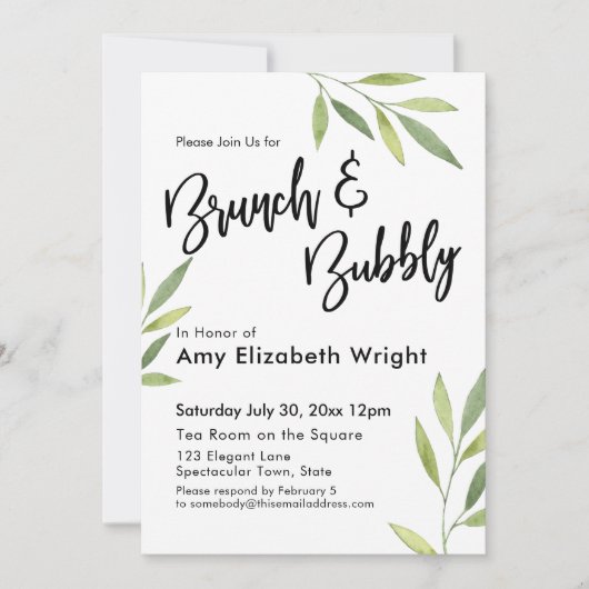 Invitation Feuillage vert Aquarelle Brunch & Bubbly (Devant)
