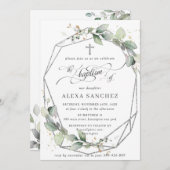 Invitation Feuillage vert Baptême Argent Géométrique (Devant / Derrière)