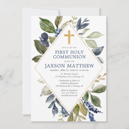 Invitation Feuillage vert bleu garçon première communion sain (Devant)