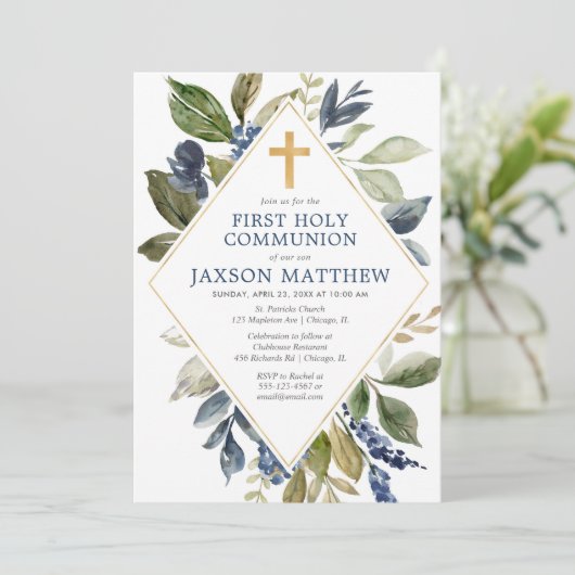 Invitation Feuillage vert bleu garçon première communion sain (Debout devant)