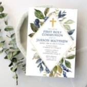 Invitation Feuillage vert bleu garçon première communion sain