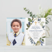 Invitation Feuillage vert bleu garçon première communion sain (Debout devant)