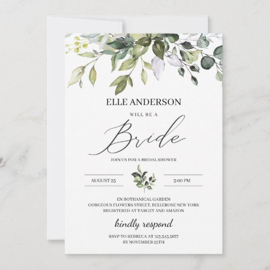 Invitation Feuillage vert boho douche nuptiale moderne (Devant)