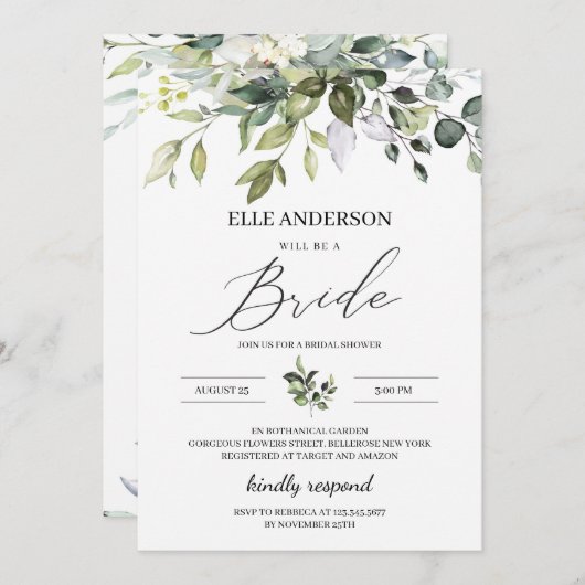 Invitation Feuillage vert boho douche nuptiale moderne (Devant / Derrière)