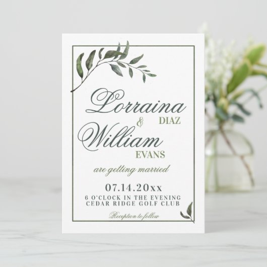 Invitation Feuillage vert Branche d'olivier Élégant Mariage (Debout devant)