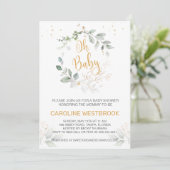 Invitation Feuillage vert et or Baby shower Oh (Debout devant)