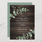 Invitation feuillage vert eucalyptus bois foncé rustique élég (Devant / Derrière)