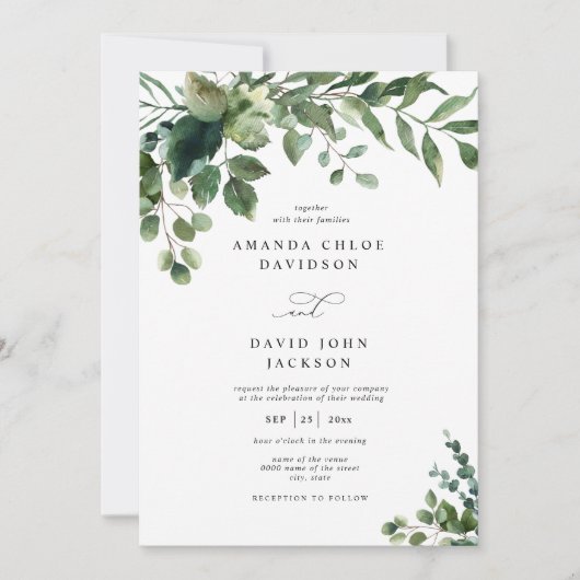 Invitation Feuillage vert Eucalyptus Elégant Mariage rustique (Devant)