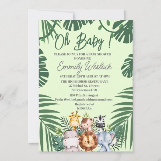 Invitation Feuillage Vert Jungle Animaux Sauvages (Devant)