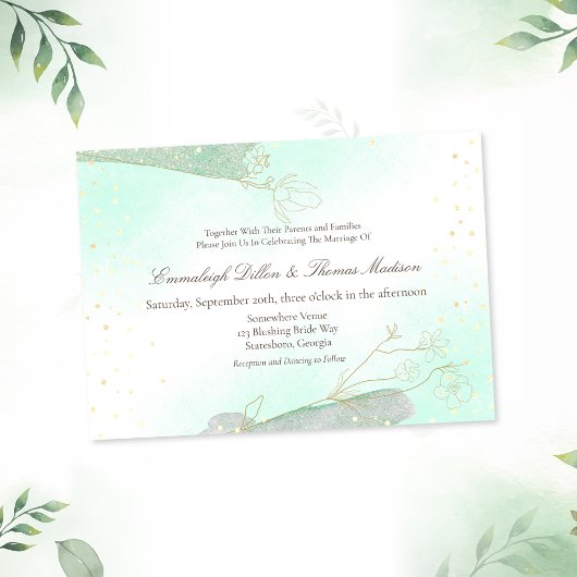 Invitation Feuillage vert menthe radieux Mariage paillettes