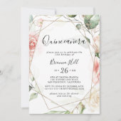 Invitation Feuillage vert or géométrique Floral Quinceañera (Devant)