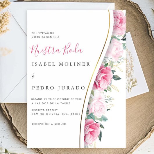 Invitation Feuillage vert rose Floral Nuestra Boda Mariage