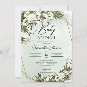 Invitation Feuillage vert roses blanches cadre or brunch