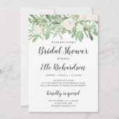 Invitation Feuillage vert roses blanches douche nuptiale (Devant)