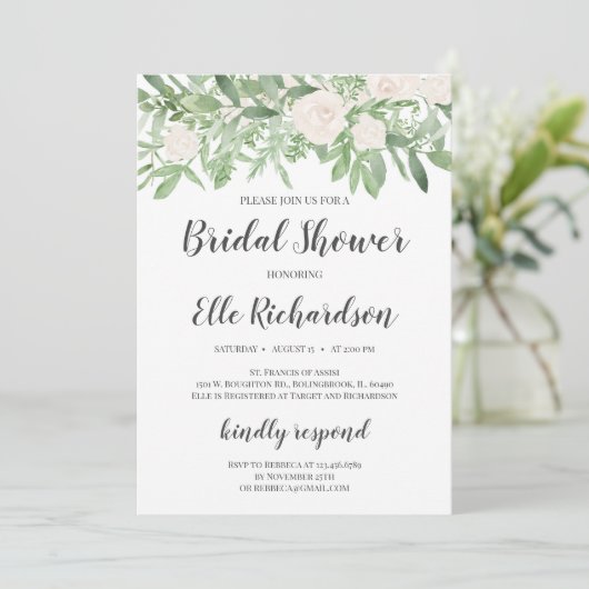 Invitation Feuillage vert roses blanches douche nuptiale (Debout devant)
