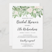 Invitation Feuillage vert roses blanches douche nuptiale (Devant / Derrière)