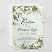 Invitation Feuillage vert roses blanches or d'olive Baptême (Devant)