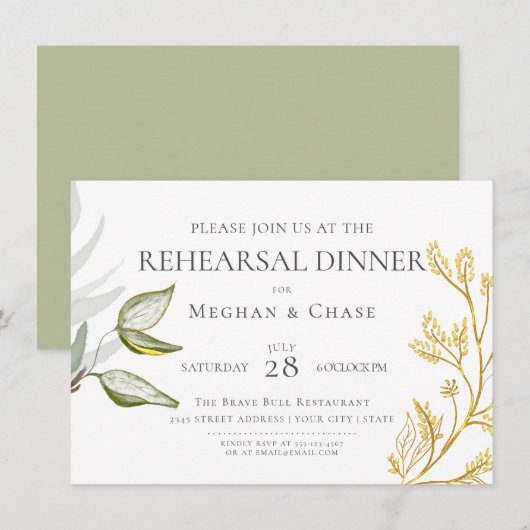 Invitation Feuillage vert sauge et or (Devant / Derrière)