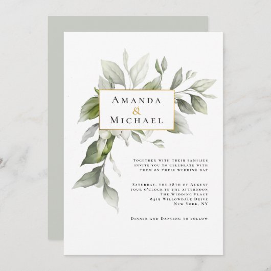 Invitation Feuillage vert simple avec Mariage d'accentuation  (Devant / Derrière)