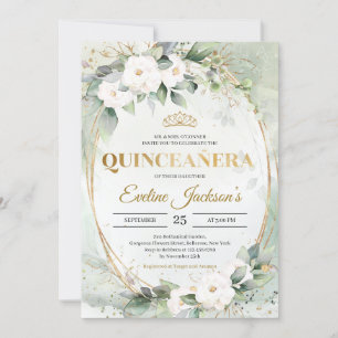 Invitation Feuillage vert tiare or couronne Quinceañera
